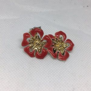 Red Hibiscus Clip On Earrings.